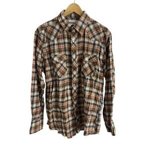 Wrangler Wrancher Men’s Large Blue Orange Plaid Flannel Pearl Snap Western Shirt